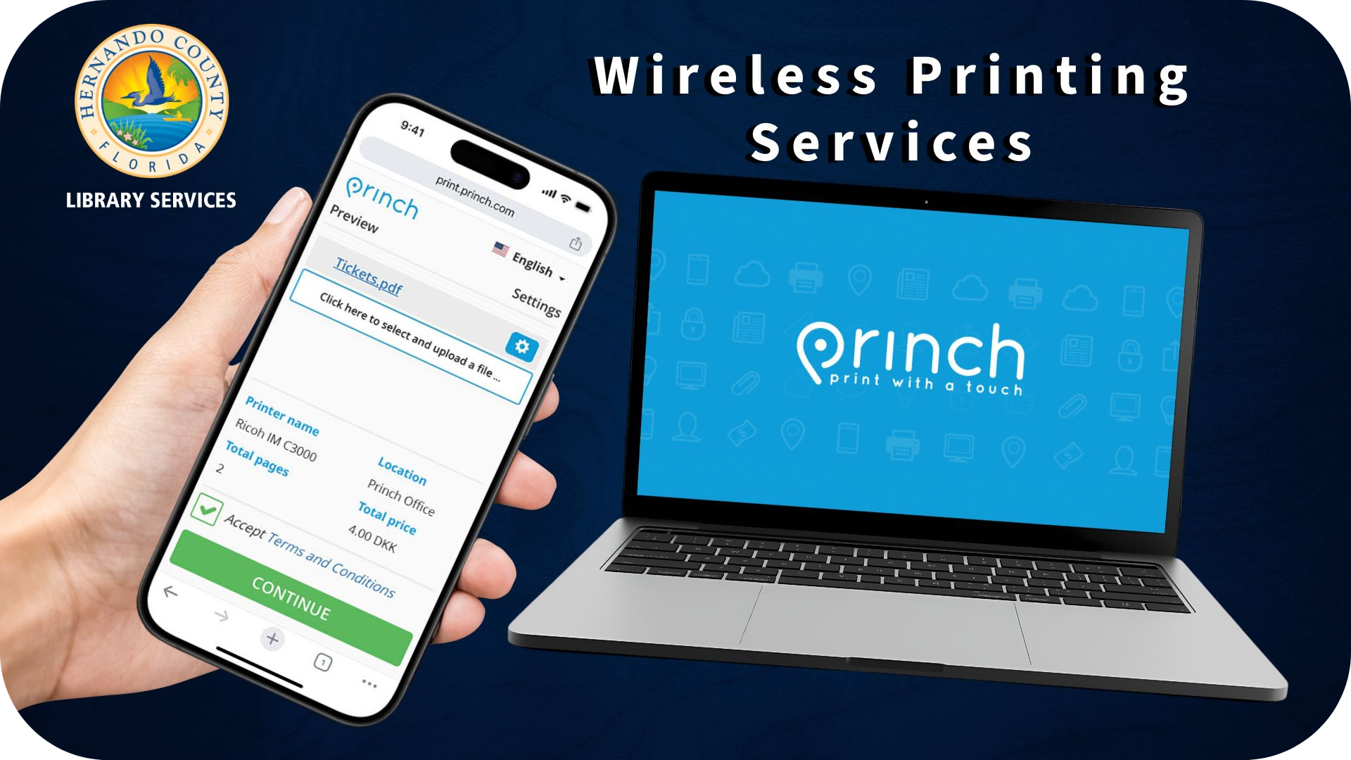 Hernando County Library Services promotion for Princh wireless printing, featuring a smartphone, laptop, Princh logo, and QR code.