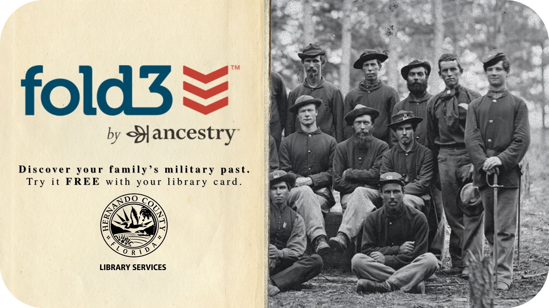 Fold3 by Ancestry promotion from Hernando County Library Services featuring a historic photograph of Civil War-era soldiers, information about free access with a library card, and a QR code.